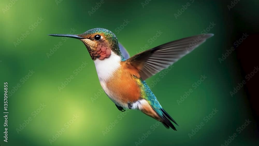 Poster a hummingbird hovering in mid-air, its wings flapping rapidly as it feeds on nectar