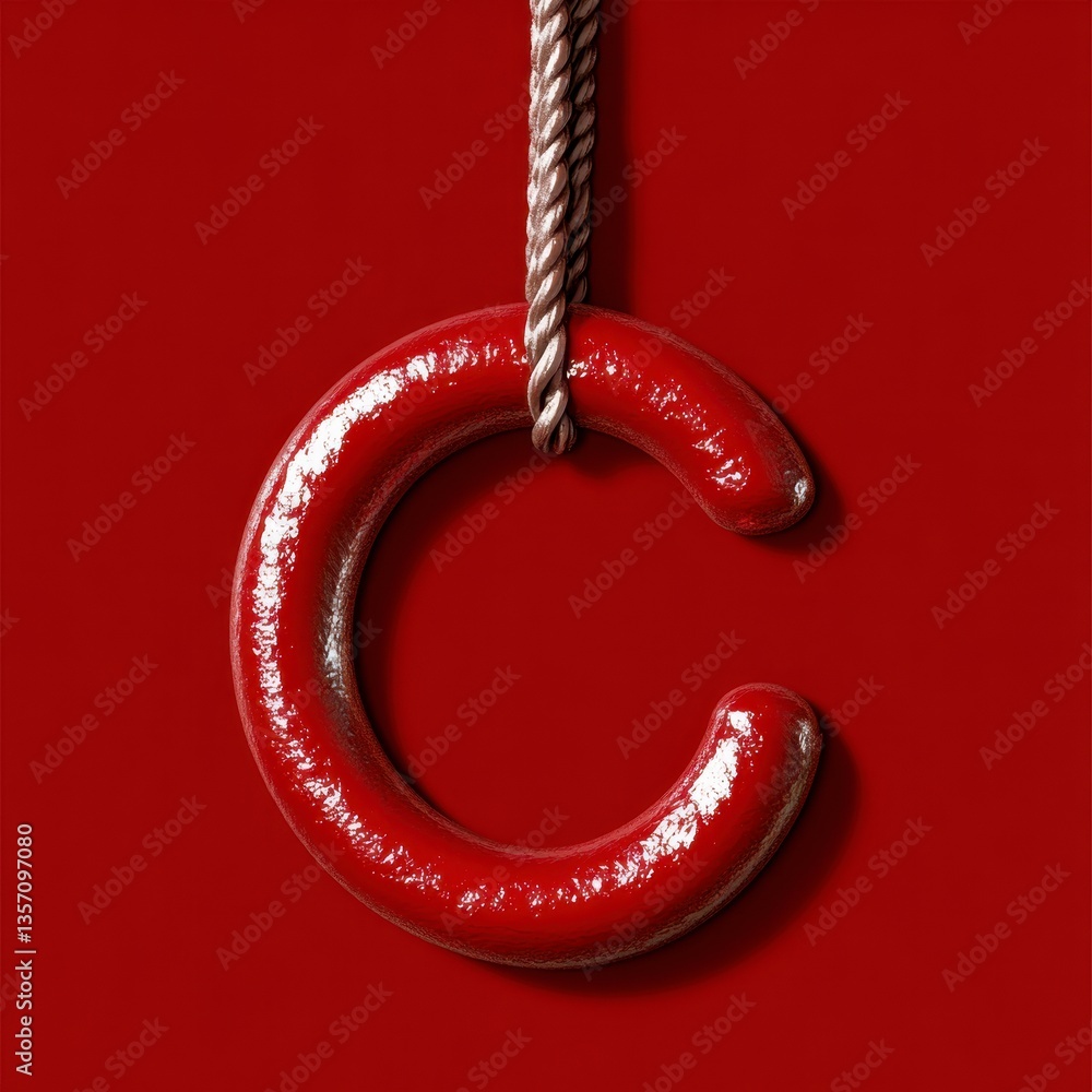 Poster red letter c hanging from a rope against a red background. 3d rendering with a glossy texture.