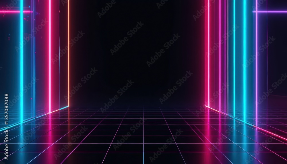 Poster dynamic neon light display virtual space graphic art futuristic environment wide angle view digital 