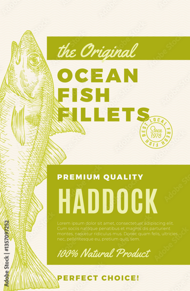 Canvas Prints seafood fish vector label design package background layout template. hand drawn haddock illustration