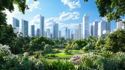 Fototapeta premium Lush Urban Park Surrounded by Modern Skyscrapers Under Clear Sky