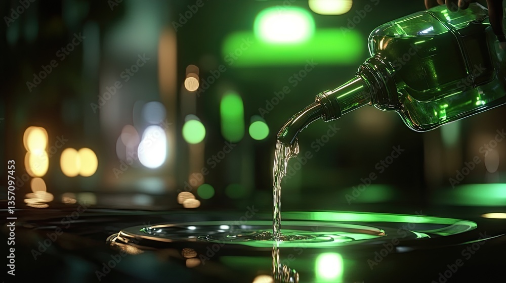 Poster pouring liquid from bottle creating ripples in a dimly lit setting