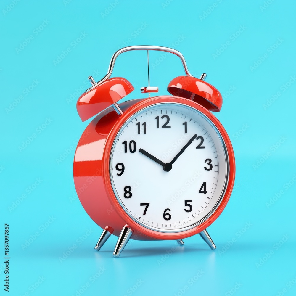 Poster red vintage alarm clock on a light blue background. the clock shows the time and is angled slightly.