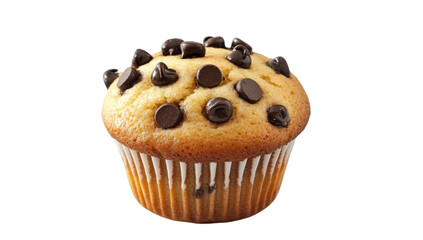 Chocolate chip muffin close-up for dessert menu. Isolated baked treat