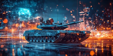 Modern main battle tank positioned in a futuristic city