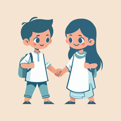 MobileCute School Kids Holding Hands – Friendship Cartoon Vector Illustration