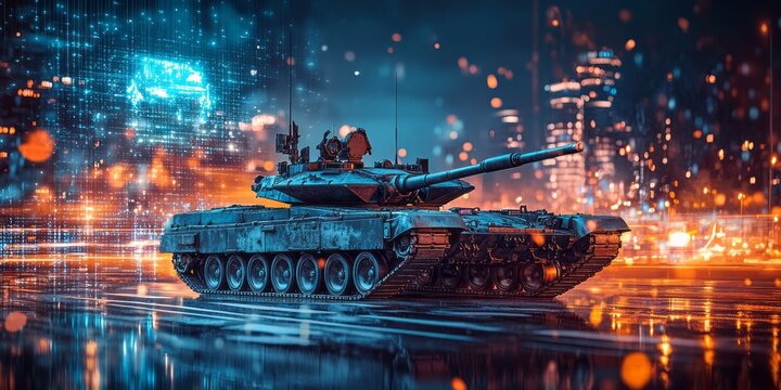 Modern main battle tank positioned in a futuristic city