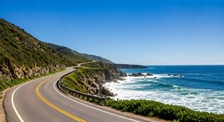A curvy coastal road with waves crashing on rocky cliffs under a bright blue sky, AI Generated