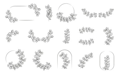 Floral wreath collection. Set of vintage tree branch wreath for design. Hand drawn floral frames with flowers, branch and leaves