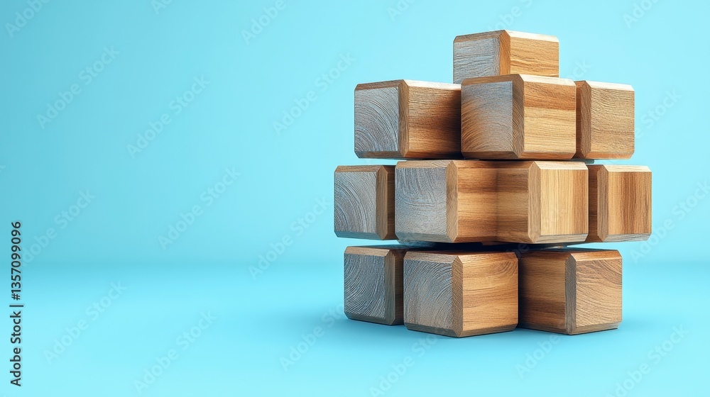 Poster wooden blocks arranged in a cube formation against a light blue background. the blocks have a rustic