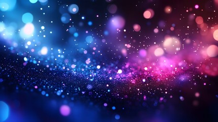 Obraz premium Neon glitter background. Grain texture. Defocused sparkles. Bokeh glow. Fluorescent blue magenta pink color gradient light shimmering sequin pattern. Abstract modern Purple Glitter Background