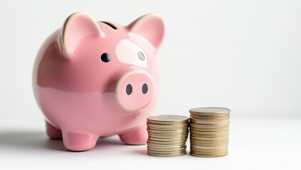 Pink piggy bank with coins stacked beside it on a white background symbolizing saving money or investment