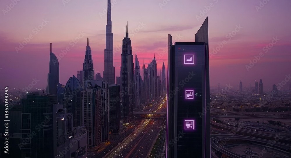 Poster illuminated digital patterns on high-rise buildings define the futuristic skyline visible at dusk
