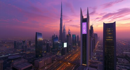 Fototapeta premium The city's futuristic skyline transforms at dusk with the emergence of illuminated digital patterns on its high-rise buildings