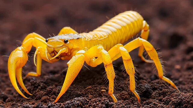 Bright yellow scorpion crawling on dark soil, showcasing its unique features and habitat