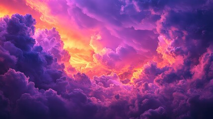 Vibrant, colorful clouds paint the sky with hues of orange, pink, and purple, creating a dreamy and atmospheric celestial panorama.