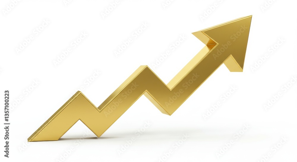 Poster a golden arrow pointing upwards with zig zag pattern on a clean white background studio shot