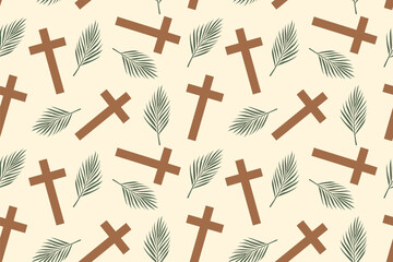 Easter, Holy Week seamless pattern with palm leaf and cross  - vector illustration