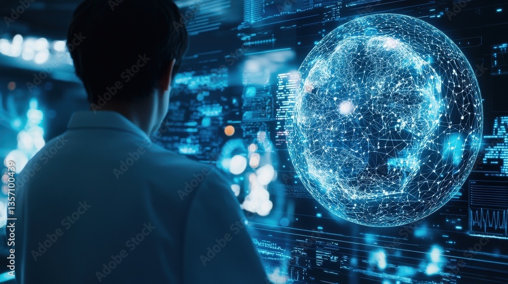 Poster scientist analyzing data on futuristic interface with global connectivity