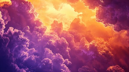 Fototapeta premium An expansive view of vibrant clouds in a colorful sky. Purples and oranges blend into the dreamy atmosphere.