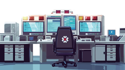 A digital illustration depicts a control room workstation. The image shows multiple computer monitors displaying various data,  a black office chair, and a desk with a control panel and additional