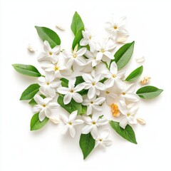 Obraz premium Aesthetic white jasmine flowers with green leaves isolated on a white background.