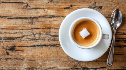 Obraz premium Freshly Brewed Espresso with Sugar Cube on Wooden Table
