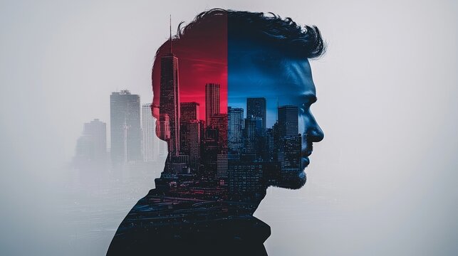 The Urban Mindset is a potent double exposure image featuring a human silhouette intertwined with a vibrant cityscape, representing the complexities and interconnectedness of modern life