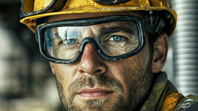 Close-up of a hard-working man in safety gear at a construction site during the day