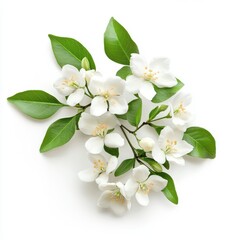 Obraz premium Aesthetic white jasmine flowers with green leaves isolated on a white background.