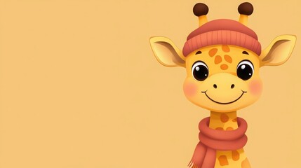 Fototapeta premium Cute Cartoon Giraffe Wearing a Winter Hat and Scarf on Beige Background