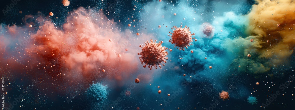 Poster abstract concept of viruses in space with colorful nebula effects