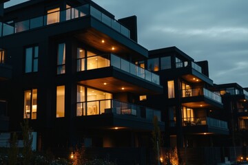 Obraz premium The evening view of a city apartment building showcasing a dark brick and glass facade