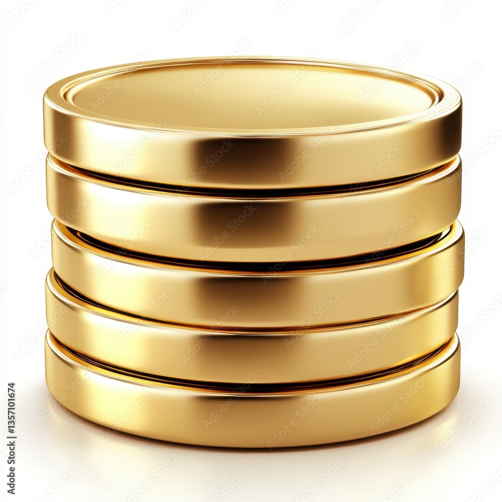 Poster stack of shiny gold coins on white background. close up view showing details of metallic surface and