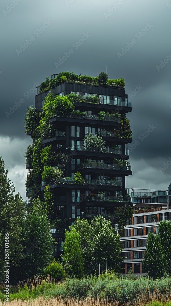Poster vertical garden architecture is a key feature of this modern urban skyscraper in a foggy city settin