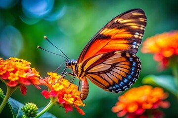 Fototapeta premium Banded Orange Heliconian Butterfly on Flowers - Vibrant Nature Stock Photo