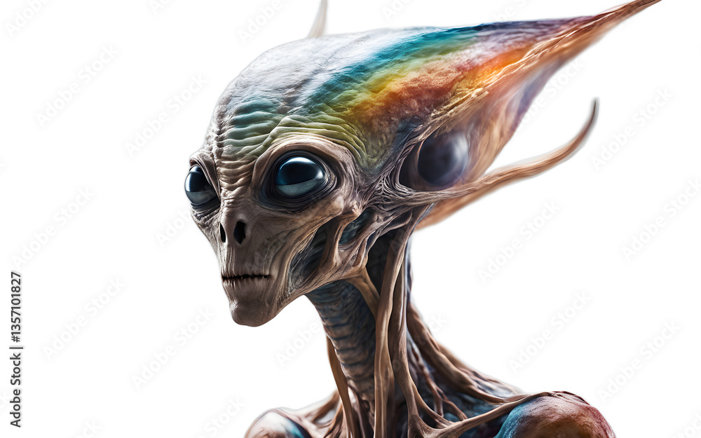 Poster Otherworldly alien being with shifting colors and floating appendages, isolated on a empty plain background