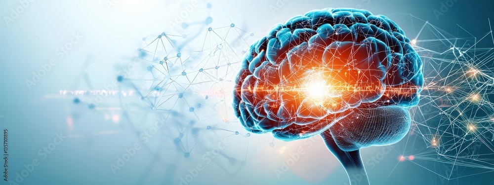 Poster futuristic brain concept with neural connections and digital elements