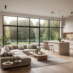 Fototapeta premium Modern Minimalist Living Room with Open Plan Kitchen and Garden View