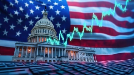 A stylized image featuring the U.S. Capitol against an American flag backdrop, overlaid with a digital growth chart representing financial trends.