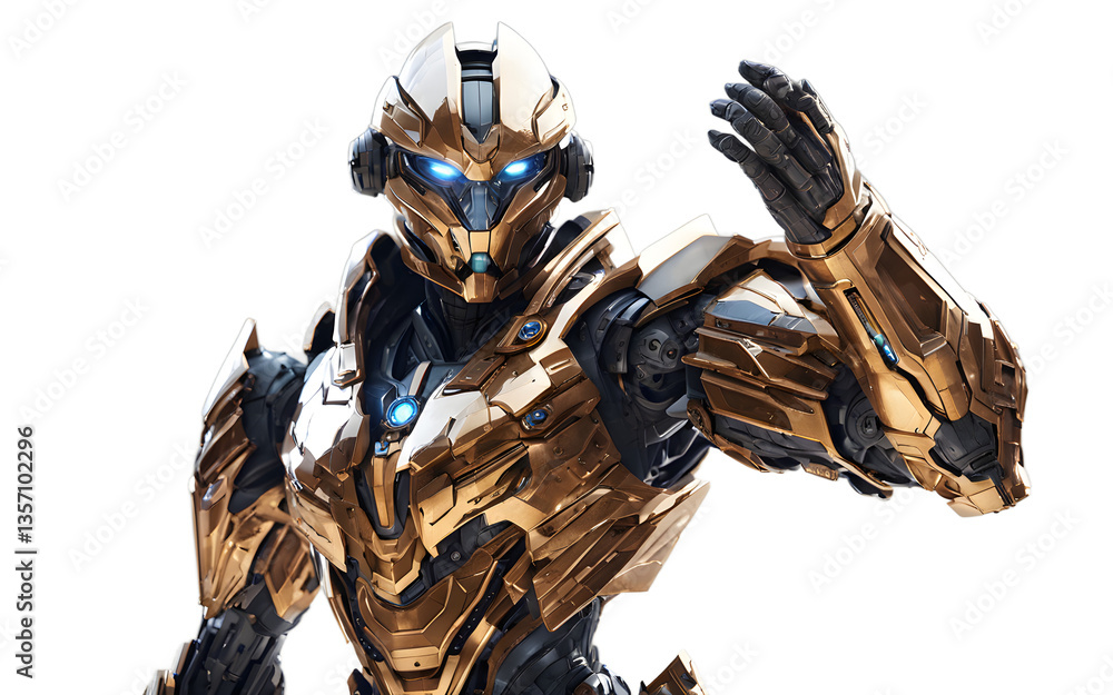 Poster Quantum guardian with a constantly shifting armor that phases through dimensions, isolated on a empty plain background