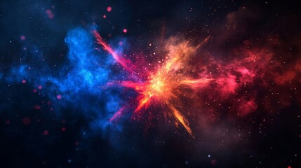 an abstract image of a colorful galaxy with a vibrant explosion of colors, including red, blue, and yellow, against a dark background. The image showcases the beauty and mystery of the universe.
