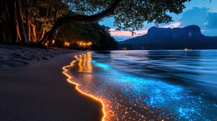 Bioluminescent beach at twilight, tropical island, glowing water