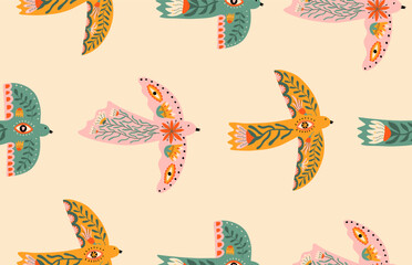 Folk doves seamless pattern with eyes, flowers and leaves. Vector background for fabric, cover, stamp. Spring illustration.