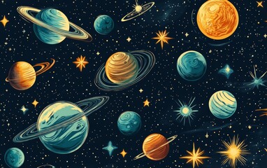 a colorful and artistic illustration of various planets, stars, and galaxies floating in the vastness of space. A visually stunning representation of the cosmos.