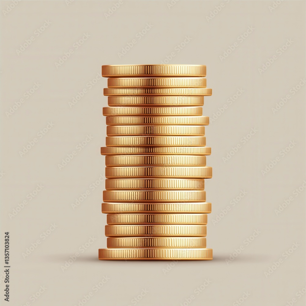 Poster a tall stack of gold coins on a beige background. the coins are highly detailed and gleam with a met