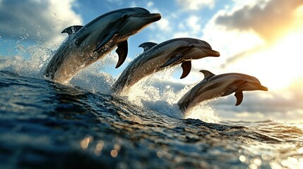 Majestic Dolphins Leap Ocean Sunset