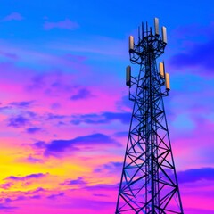 Tall metal telecommunication tower against a vibrant sunset sky with pink, purple, orange, and yellow hues. The sky is filled with colorful clouds.