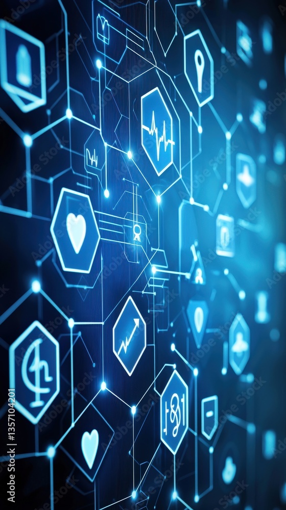 Poster digital network with health and technology icons on futuristic background