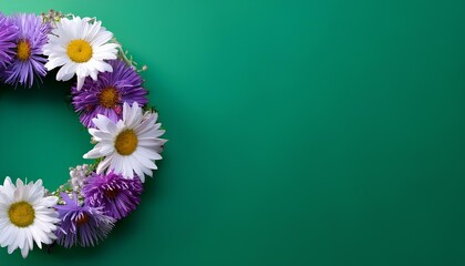 wreath flowers. White and purple daisy wreath on green background with copy space.